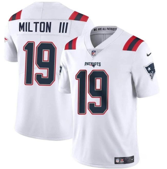Men's New England Patriots #19 Joe Milton III White 2024 Vapor Limited Stitched Football Jersey Men's New England Patriots #19 Joe Milton III White 2024 Vapor Limited Stitched Football Jersey