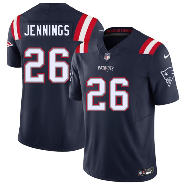 Men's New England Patriots #26 Terrell Jennings Navy 2025 F.U.S.E. Vapor Limited Stitched Football Jersey Men's New England Patriots #26 Terrell Jennings Navy 2025 F.U.S.E. Vapor Limited Stitched Football Jersey