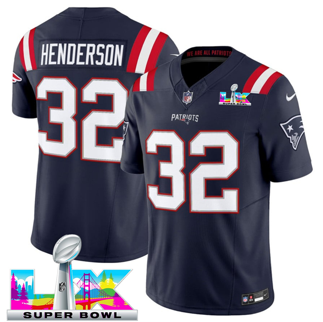 Men's New England Patriots #32 TreVeyon Henderson Navy 2025 F.U.S.E. Super Bowl LX Patch Vapor Limited Stitched Football Jersey Men's New England Patriots #32 TreVeyon Henderson Navy 2025 F.U.S.E. Super Bowl LX Patch Vapor Limited Stitched Football Jersey