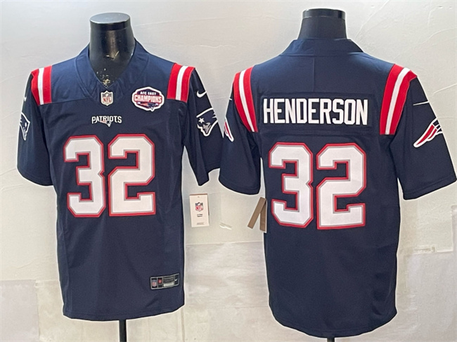 Men's New England Patriots #32 TreVeyon Henderson Navy F.U.S.E. 2025 AFC East Championship Patch Vapor Limited Stitched Football Jersey Men's New England Patriots #32 TreVeyon Henderson Navy F.U.S.E. 2025 AFC East Championship Patch Vapor Limited Stitched Football Jersey