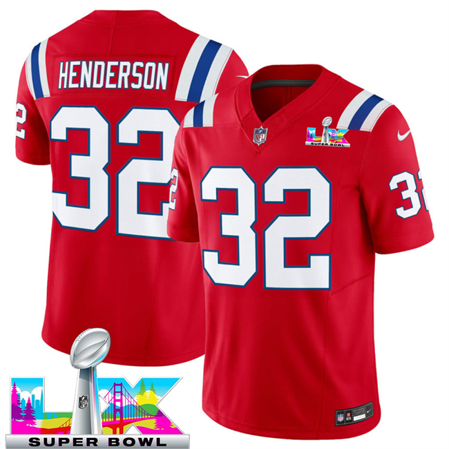 Men's New England Patriots #32 TreVeyon Henderson Red 2025 F.U.S.E. Super Bowl LX Patch Vapor Limited Stitched Football Jersey Men's New England Patriots #32 TreVeyon Henderson Red 2025 F.U.S.E. Super Bowl LX Patch Vapor Limited Stitched Football Jersey