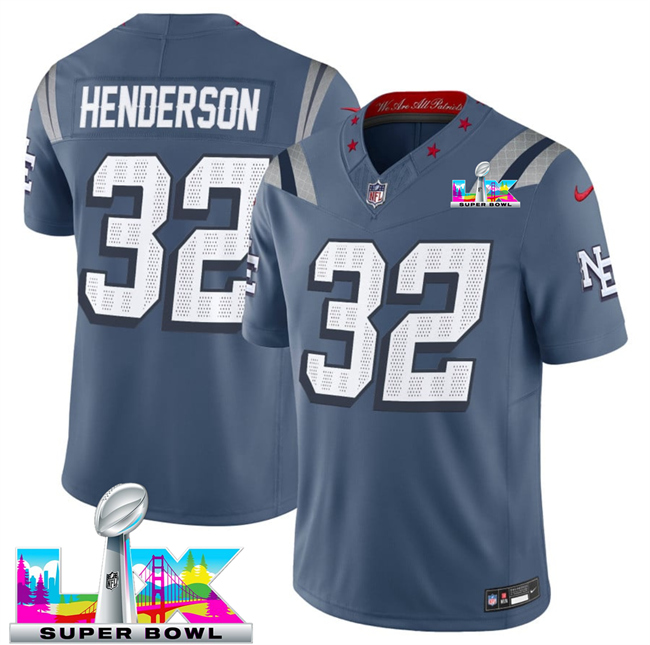 Men's New England Patriots #32 TreVeyon Henderson Storm Blue 2025 F.U.S.E. Super Bowl LX Patch “Rivalries” Vapor Limited Stitched Football Jersey Men's New England Patriots #32 TreVeyon Henderson Storm Blue 2025 F.U.S.E. Super Bowl LX Patch “Rivalries” Vapor Limited Stitched Football Jersey