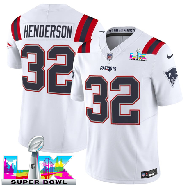 Men's New England Patriots #32 TreVeyon Henderson White 2025 F.U.S.E. Super Bowl LX Patch Vapor Limited Stitched Football Jersey Men's New England Patriots #32 TreVeyon Henderson White 2025 F.U.S.E. Super Bowl LX Patch Vapor Limited Stitched Football Jersey