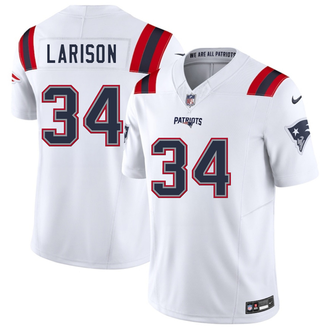 Men's New England Patriots #34 Lan Larison White 2025 F.U.S.E. Vapor Limited Stitched Football Jersey Men's New England Patriots #34 Lan Larison White 2025 F.U.S.E. Vapor Limited Stitched Football Jersey