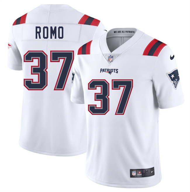 Men's New England Patriots #37 Parker Romo White 2025 Vapor Limited Stitched Football Jersey Men's New England Patriots #37 Parker Romo White 2025 Vapor Limited Stitched Football Jersey