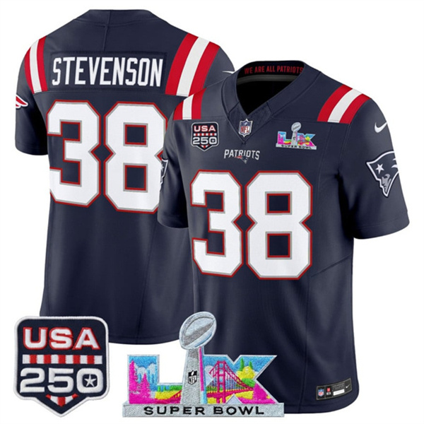 Men's New England Patriots #38 Rhamondre Stevenson Navy 2025 F.U.S.E. Super Bowl LX Patch And USA 250' Patch Vapor Limited Football Stitched Jersey