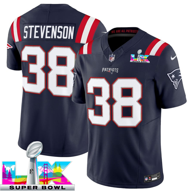 Men's New England Patriots #38 Rhamondre Stevenson Navy 2025 F.U.S.E. Super Bowl LX Patch Vapor Limited Stitched Football Jersey Men's New England Patriots #38 Rhamondre Stevenson Navy 2025 F.U.S.E. Super Bowl LX Patch Vapor Limited Stitched Football Jersey