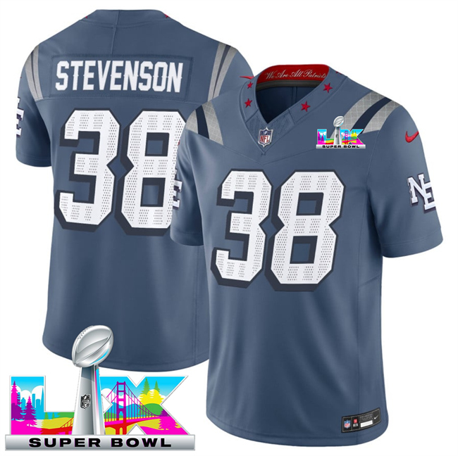 Men's New England Patriots #38 Rhamondre Stevenson Storm Blue 2025 F.U.S.E. Super Bowl LX Patch “Rivalries” Vapor Limited Stitched Football Jersey Men's New England Patriots #38 Rhamondre Stevenson Storm Blue 2025 F.U.S.E. Super Bowl LX Patch “Rivalries” Vapor Limited Stitched Football Jersey