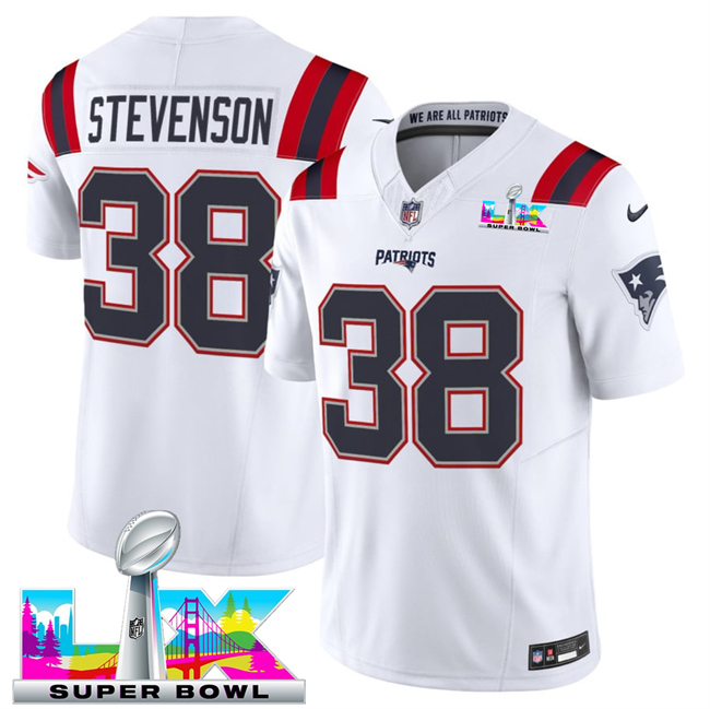 Men's New England Patriots #38 Rhamondre Stevenson White 2025 F.U.S.E. Super Bowl LX Patch Vapor Limited Stitched Football Jersey Men's New England Patriots #38 Rhamondre Stevenson White 2025 F.U.S.E. Super Bowl LX Patch Vapor Limited Stitched Football Jersey