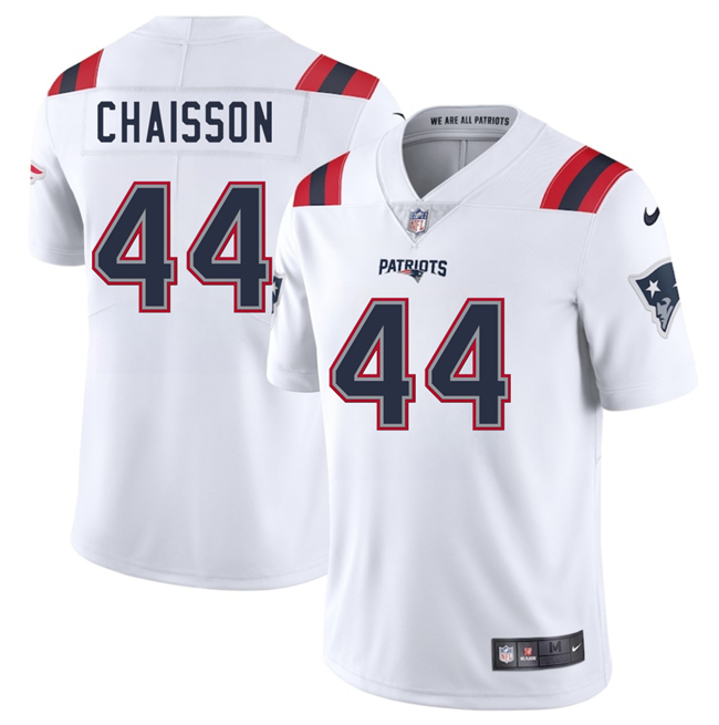 Men's New England Patriots #44 K'Lavon Chaisson White 2025 Vapor Limited Stitched Football Jersey Men's New England Patriots #44 K'Lavon Chaisson White 2025 Vapor Limited Stitched Football Jersey
