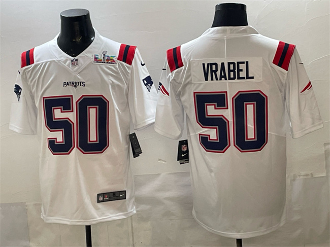 Men's New England Patriots #50 Mike Vrabel White With Super Bowl LX Patch Vapor Limited Stitched Football Jersey Men's New England Patriots #50 Mike Vrabel White With Super Bowl LX Patch Vapor Limited Stitched Football Jersey