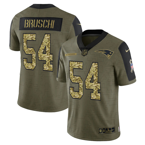 Men's New England Patriots #54 Tedy Bruschi 2021 Olive Camo Salute To Service Limited Stitched Jersey Men's New England Patriots #54 Tedy Bruschi 2021 Olive Camo Salute To Service Limited Stitched Jersey