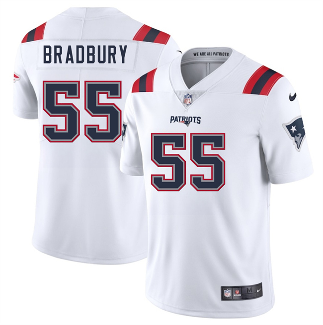 Men's New England Patriots #55 Garrett Bradbury White 2025 Vapor Limited Stitched Football Jersey Men's New England Patriots #55 Garrett Bradbury White 2025 Vapor Limited Stitched Football Jersey