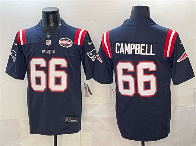 Men's New England Patriots #66 Will Campbell Navy F.U.S.E. 2025 AFC East Championship Patch Vapor Limited Stitched Football Jersey Men's New England Patriots #66 Will Campbell Navy F.U.S.E. 2025 AFC East Championship Patch Vapor Limited Stitched Football Jersey
