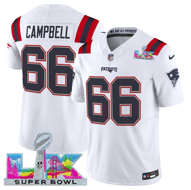 Men's New England Patriots #66 Will Campbell White 2025 F.U.S.E. Super Bowl LX Patch Vapor Limited Stitched Football Jersey