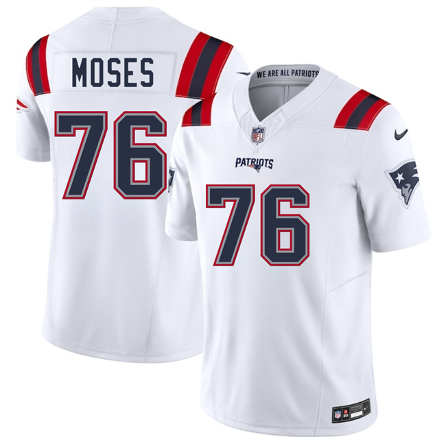 Men's New England Patriots #76 Morgan Moses White 2025 F.U.S.E. Vapor Limited Stitched Football Jersey Men's New England Patriots #76 Morgan Moses White 2025 F.U.S.E. Vapor Limited Stitched Football Jersey