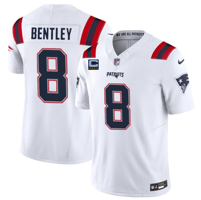 Men's New England Patriots #8 Ja'Whaun Bentley White F.U.S.E. With 4-Star C Patch Vapor Limited Stitched Football Jersey Men's New England Patriots #8 Ja'Whaun Bentley White F.U.S.E. With 4-Star C Patch Vapor Limited Stitched Football Jersey