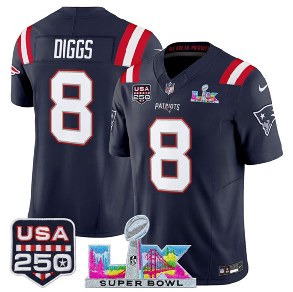 Men's New England Patriots #8 Stefon Diggs Navy 2025 F.U.S.E. Super Bowl LX Patch And USA 250' Patch Vapor Limited Football Stitched Jersey