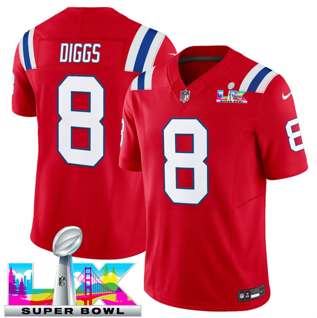 Men's New England Patriots #8 Stefon Diggs Red 2025 F.U.S.E. Super Bowl LX Patch Vapor Limited Stitched Football Jersey