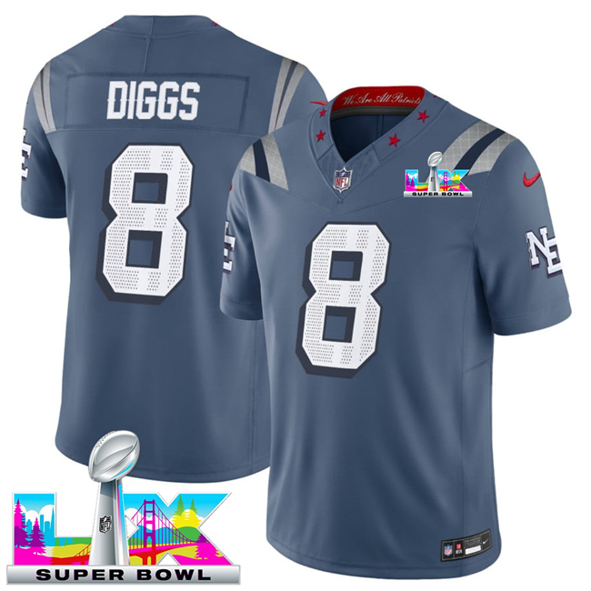 Men's New England Patriots #8 Stefon Diggs Storm Blue 2025 F.U.S.E. Super Bowl LX Patch “Rivalries” Vapor Limited Stitched Football Jersey Men's New England Patriots #8 Stefon Diggs Storm Blue 2025 F.U.S.E. Super Bowl LX Patch “Rivalries” Vapor Limited Stitched Football Jersey