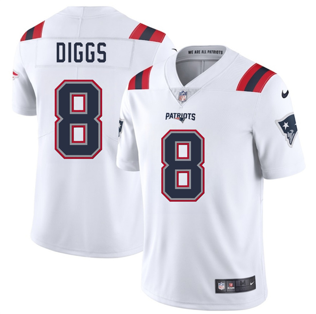 Men's New England Patriots #8 Stefon Diggs White 2025 Vapor Limited Stitched Football Jersey Men's New England Patriots #8 Stefon Diggs White 2025 Vapor Limited Stitched Football Jersey