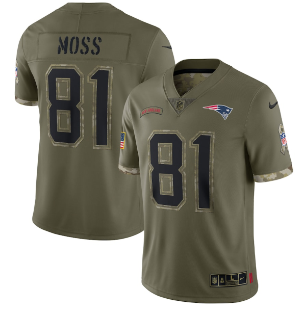 Men's New England Patriots #81 Randy Moss Olive 2022 Salute To Service Limited Stitched Jersey