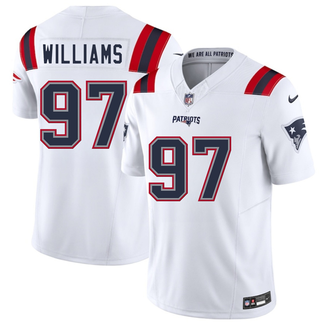 Men's New England Patriots #97 Milton Williams White 2025 F.U.S.E. Vapor Limited Stitched Football Jersey Men's New England Patriots #97 Milton Williams White 2025 F.U.S.E. Vapor Limited Stitched Football Jersey