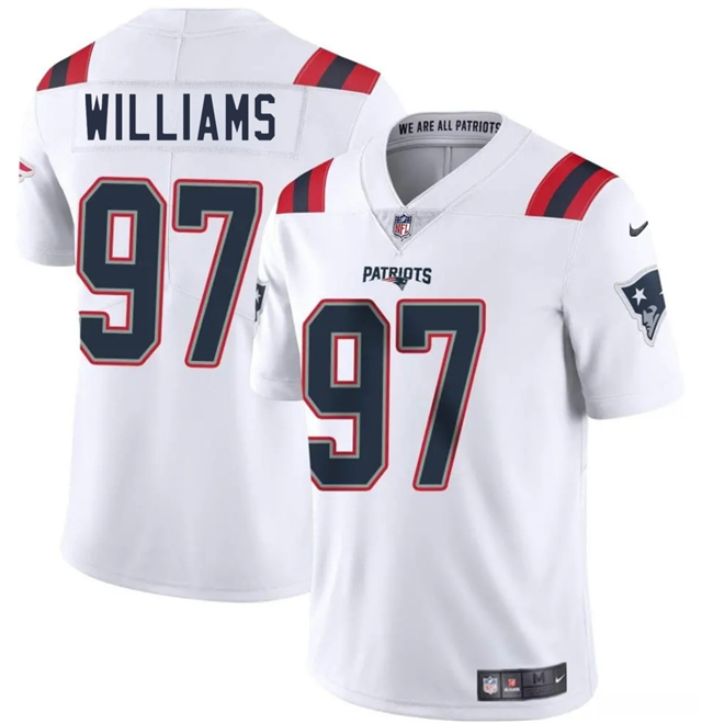 Men's New England Patriots #97 Milton Williams White 2025 Vapor Limited Stitched Football Jersey Men's New England Patriots #97 Milton Williams White 2025 Vapor Limited Stitched Football Jersey