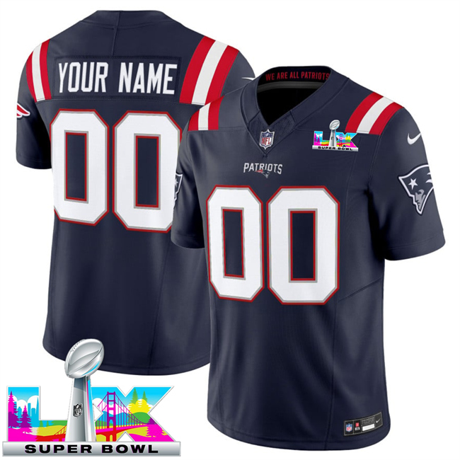 Men's New England Patriots Active Player Custom Navy 2025 F.U.S.E. Super Bowl LX Patch Vapor Limited Stitched Football Jersey Men's New England Patriots Active Player Custom Navy 2025 F.U.S.E. Super Bowl LX Patch Vapor Limited Stitched Football Jersey