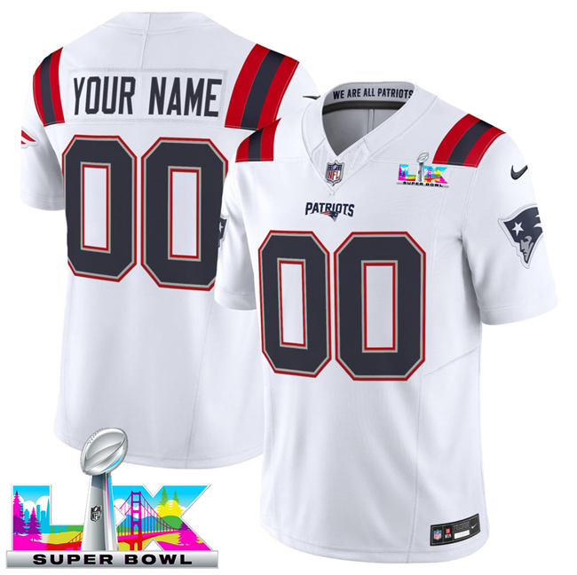 Men's New England Patriots Active Player Custom White 2025 F.U.S.E. Super Bowl LX Patch Vapor Limited Stitched Football Jersey Men's New England Patriots Active Player Custom White 2025 F.U.S.E. Super Bowl LX Patch Vapor Limited Stitched Football Jersey