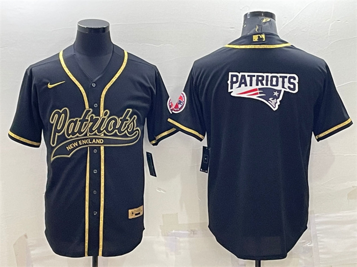 Men's New England Patriots Black Gold Team Big Logo With Patch Cool Base Stitched Baseball Jersey Men's New England Patriots Black Gold Team Big Logo With Patch Cool Base Stitched Baseball Jersey