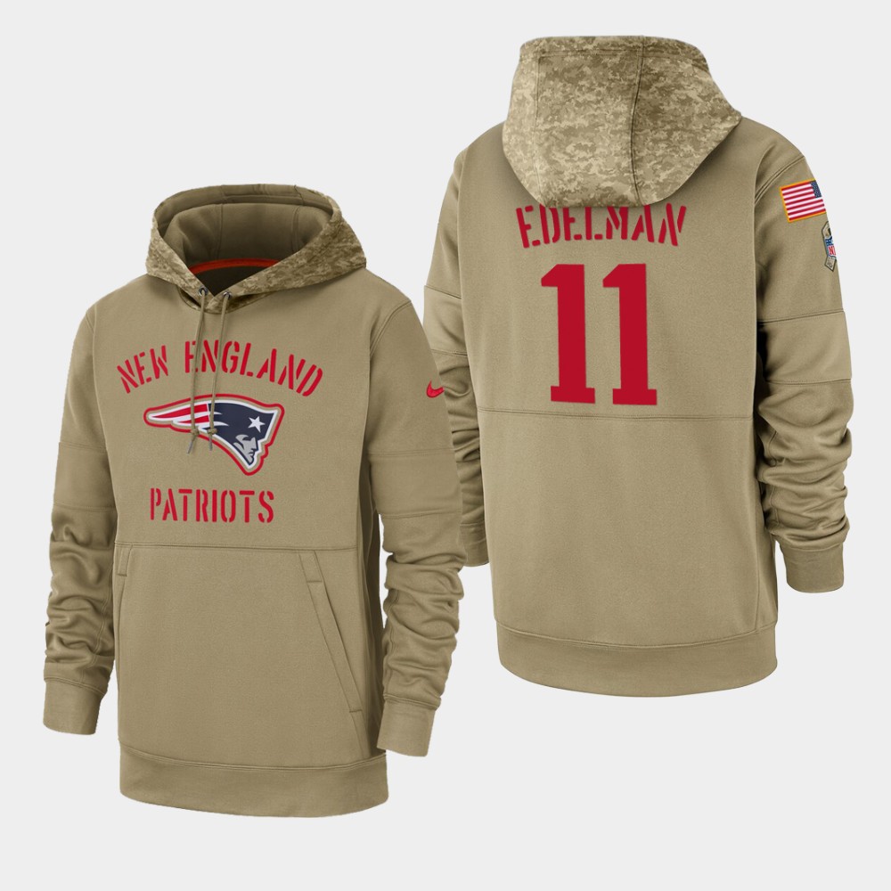 Men's New England Patriots Julian Edelman 2019 Salute to Service Sideline Therma Pullover Hoodie - Tan