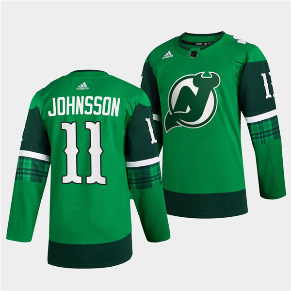 Men's New Jersey Devils #11 Andreas Johnsson Green Warm-Up St Patricks Day Stitched Jersey Men's New Jersey Devils #11 Andreas Johnsson Green Warm-Up St Patricks Day Stitched Jersey