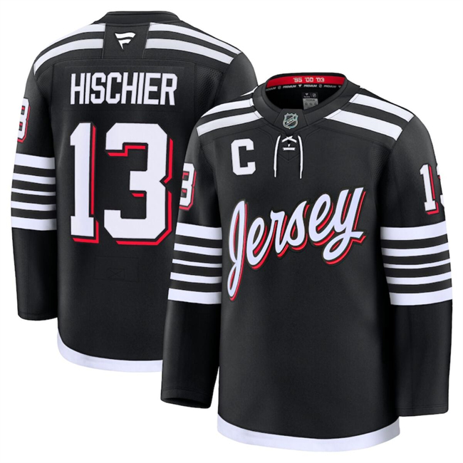 Men's New Jersey Devils #13 Nico Hischier Black 2024-25 Alternate Stitched Hockey Jersey Men's New Jersey Devils #13 Nico Hischier Black 2024-25 Alternate Stitched Hockey Jersey