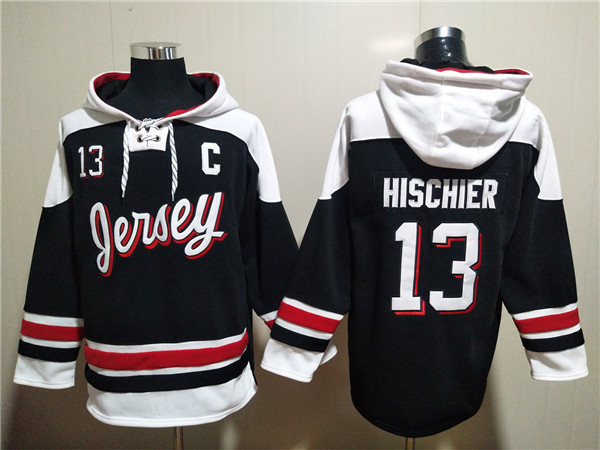 Men's New Jersey Devils #13 Nico Hischier Black White Ageless Must-Have Lace-Up Pullover Hoodie Men's New Jersey Devils #13 Nico Hischier Black White Ageless Must-Have Lace-Up Pullover Hoodie