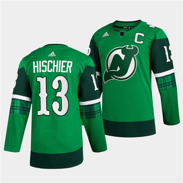 Men's New Jersey Devils #13 Nico Hischier Green Warm-Up St Patricks Day Stitched Jersey Men's New Jersey Devils #13 Nico Hischier Green Warm-Up St Patricks Day Stitched Jersey