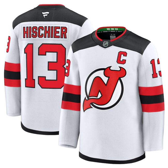 Men's New Jersey Devils #13 Nico Hischier White 2024-25 Away Stitched Hockey Jersey Men's New Jersey Devils #13 Nico Hischier White 2024-25 Away Stitched Hockey Jersey