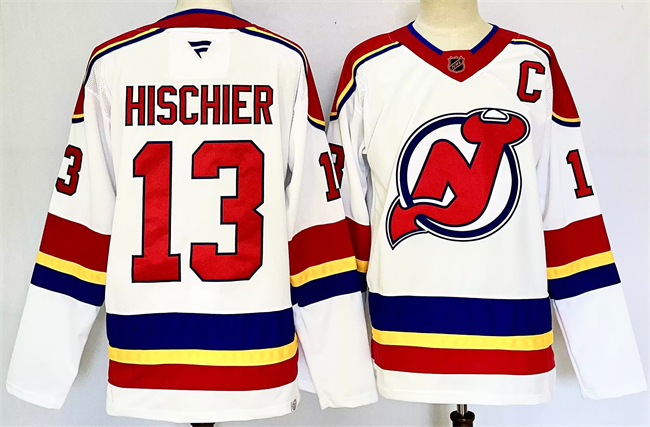 Men's New Jersey Devils #13 Nico Hischier White 2024-25 With C Patch Stitched Hockey Jersey Men's New Jersey Devils #13 Nico Hischier White 2024-25 With C Patch Stitched Hockey Jersey