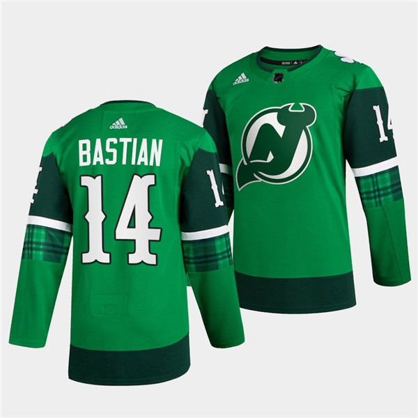 Men's New Jersey Devils #14 Nathan Bastian Green Warm-Up St Patricks Day Stitched Jersey Men's New Jersey Devils #14 Nathan Bastian Green Warm-Up St Patricks Day Stitched Jersey