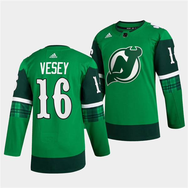 Men's New Jersey Devils #16 Jimmy Vesey Green Warm-Up St Patricks Day Stitched Jersey Men's New Jersey Devils #16 Jimmy Vesey Green Warm-Up St Patricks Day Stitched Jersey