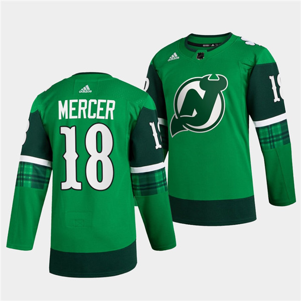 Men's New Jersey Devils #18 Dawson Mercer Green Warm-Up St Patricks Day Stitched Jersey Men's New Jersey Devils #18 Dawson Mercer Green Warm-Up St Patricks Day Stitched Jersey