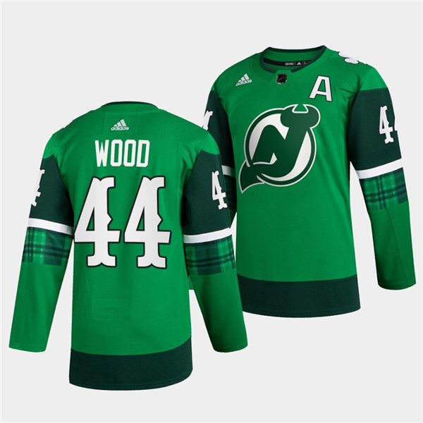 Men's New Jersey Devils #44 Miles Wood Green Warm-Up St Patricks Day Stitched Jersey Men's New Jersey Devils #44 Miles Wood Green Warm-Up St Patricks Day Stitched Jersey