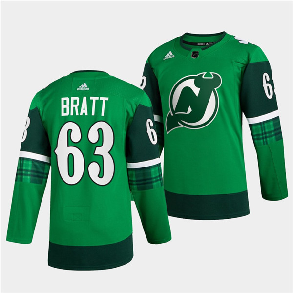 Men's New Jersey Devils #63 Jesper Bratt Green Warm-Up St Patricks Day Stitched Jersey Men's New Jersey Devils #63 Jesper Bratt Green Warm-Up St Patricks Day Stitched Jersey