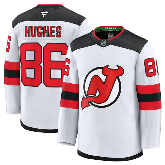 Men's New Jersey Devils #86 Hughes Fanatics White 2024-25 Away Stitched Hockey Jersey Men's New Jersey Devils #86 Hughes Fanatics White 2024-25 Away Stitched Hockey Jersey