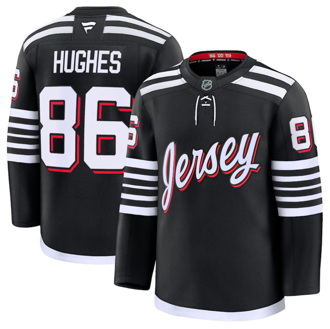 Men's New Jersey Devils #86 Jack Hughes Black 2024-25 Alternate Stitched Hockey Jersey Men's New Jersey Devils #86 Jack Hughes Black 2024-25 Alternate Stitched Hockey Jersey