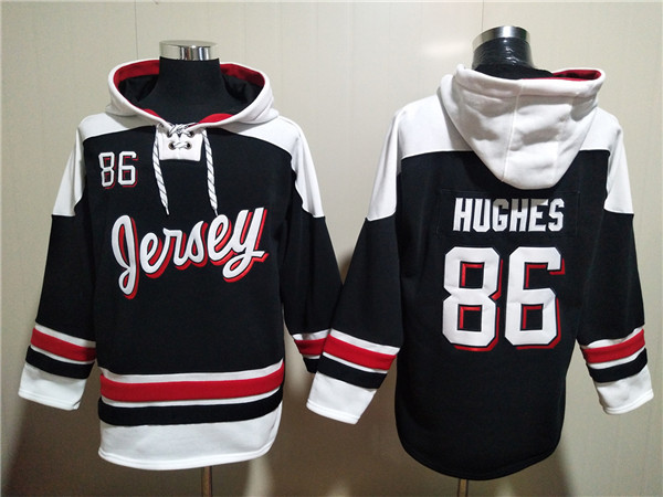 Men's New Jersey Devils #86 Jack Hughes Black White Ageless Must-Have Lace-Up Pullover Hoodie Men's New Jersey Devils #86 Jack Hughes Black White Ageless Must-Have Lace-Up Pullover Hoodie