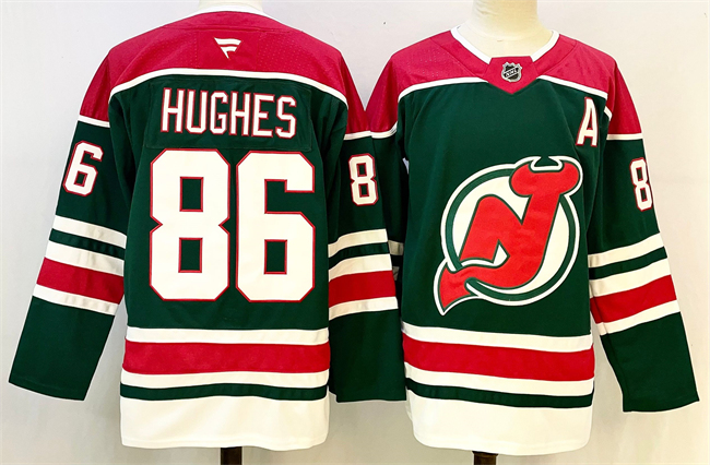Men's New Jersey Devils #86 Jack Hughes Green Red 2024-25 With A Patch Stitched Hockey Jersey Men's New Jersey Devils #86 Jack Hughes Green Red 2024-25 With A Patch Stitched Hockey Jersey