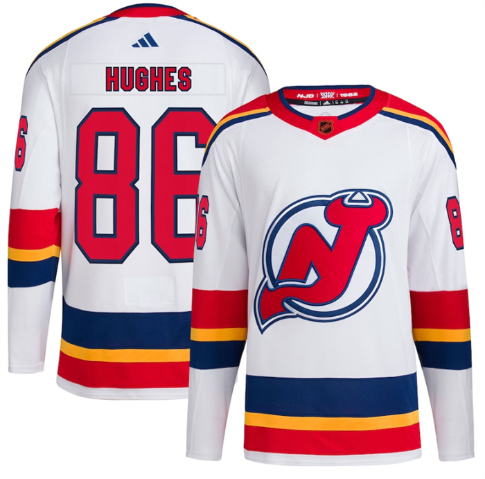 Men's New Jersey Devils #86 Jack Hughes White 2022-23 Reverse Retro Stitched Jersey Men's New Jersey Devils #86 Jack Hughes White 2022-23 Reverse Retro Stitched Jersey