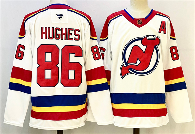 Men's New Jersey Devils #86 Jack Hughes White Red 2024-25 With A Patch Stitched Hockey Jersey Men's New Jersey Devils #86 Jack Hughes White Red 2024-25 With A Patch Stitched Hockey Jersey