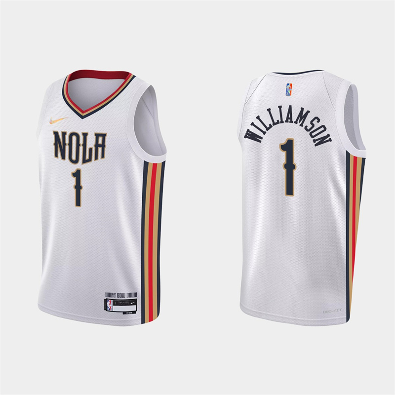 Men's New Orleans Pelicans #1 Zion Williamson 2021-22 White City Edition 75th Anniversary Stitched Jersey Men's New Orleans Pelicans #1 Zion Williamson 2021-22 White City Edition 75th Anniversary Stitched Jersey